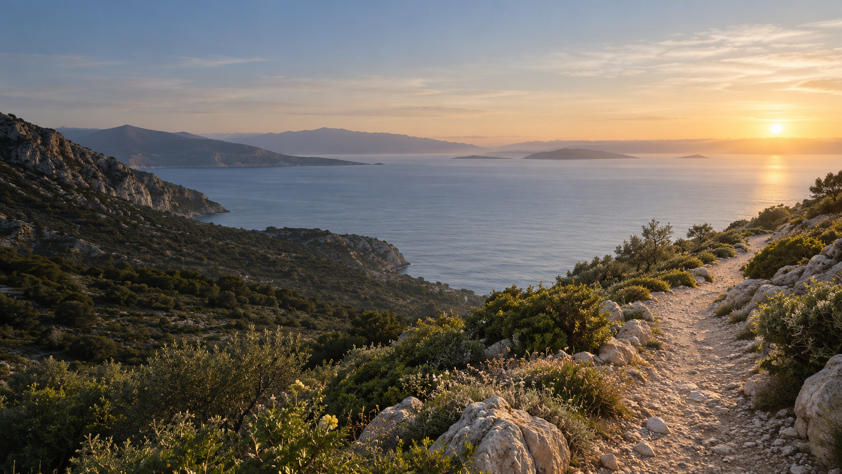 Un sendero junto al mar Mediterráneo bajo la luz suave del amanecer